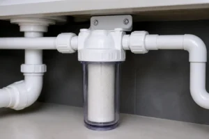 Système FAP sanitaire installé sur canalisation PVC sous salle de bain, cartouche filtrante blanche apparente