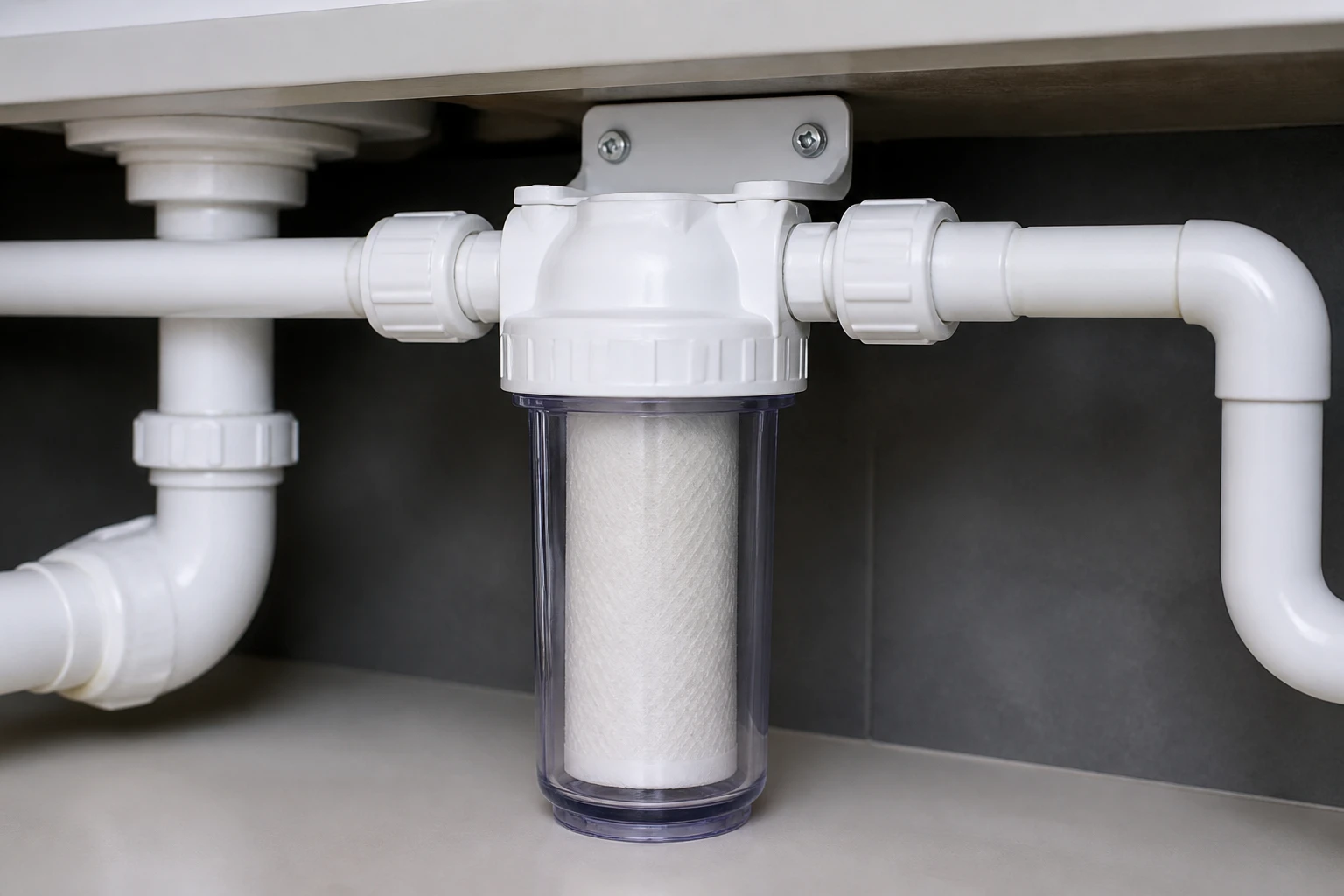 Système FAP sanitaire installé sur canalisation PVC sous salle de bain, cartouche filtrante blanche apparente