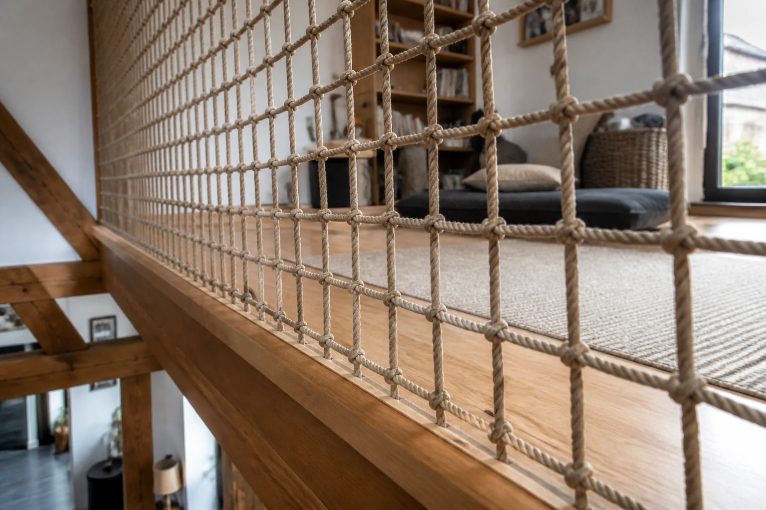 Filet mezzanine en corde tressée installé sur le bord ouvert d'une mezzanine en bois dans un loft