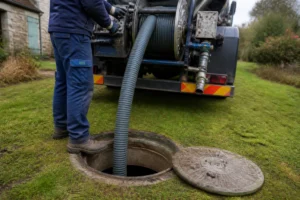 Technicien réalisant une vidange de fosse septique avec camion hydrocureur dans un jardin