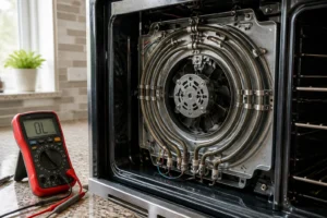 Intérieur d'un four électrique ouvert montrant la résistance circulaire et le ventilateur, avec un multimètre posé à côté