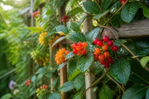 Baies rouges toxiques du chèvrefeuille Lonicera en gros plan sur un treillage de jardin