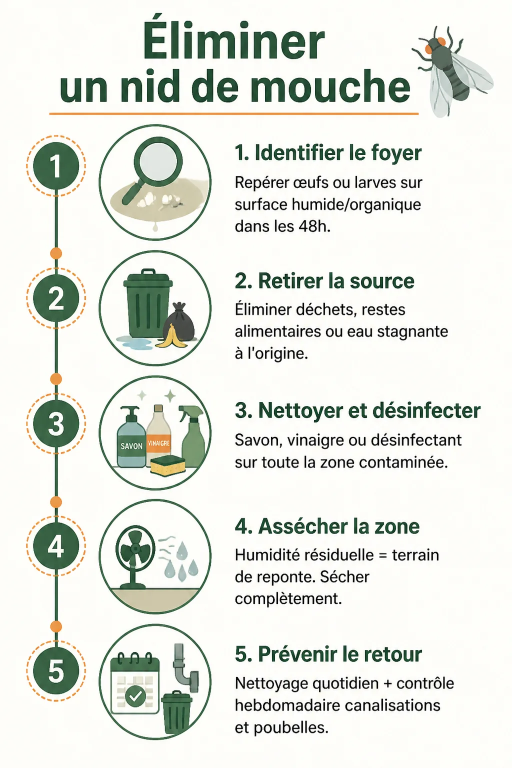 Éliminer un nid de mouche : 1. Identifier le foyer, 2. Retirer la source, 3. Nettoyer et désinfecter, 4. Assécher la zone, 5. Prévenir le retour