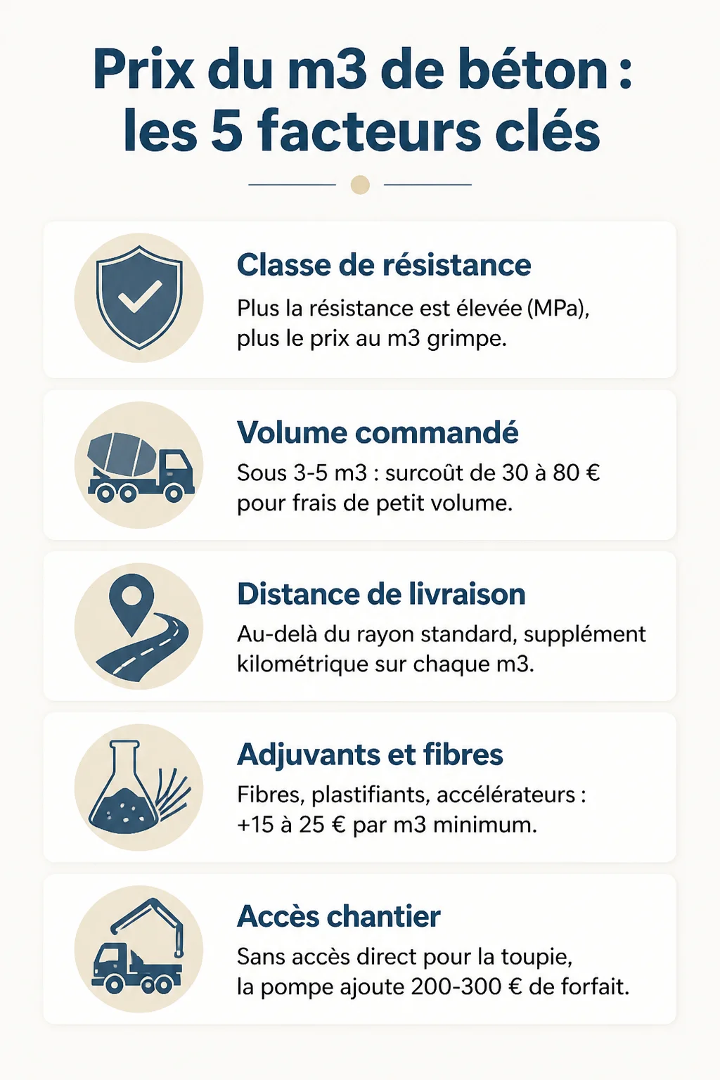 Prix du m3 de béton : les 5 facteurs clés : Classe de résistance, Volume commandé, Distance de livraison, Adjuvants et fibres, Accès chantier