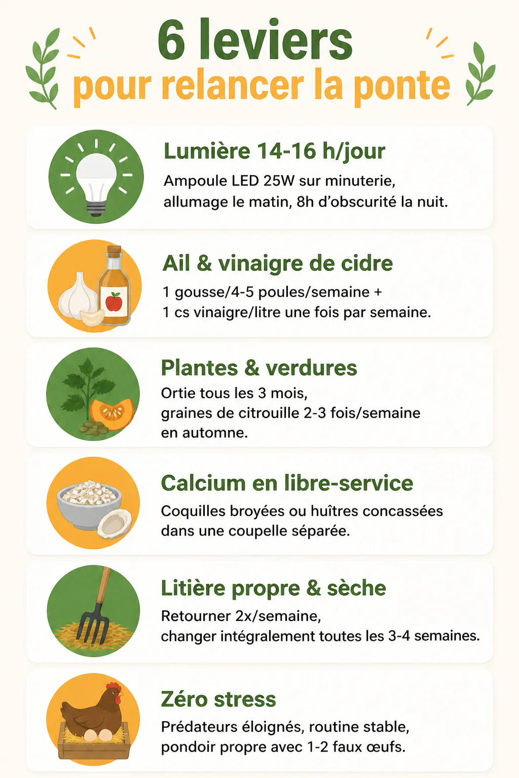 6 leviers pour relancer la ponte : Lumière 14-16 h/jour, Ail & vinaigre de cidre, Plantes & verdures, Calcium en libre-service, Litière propre & sèche, Zéro stress