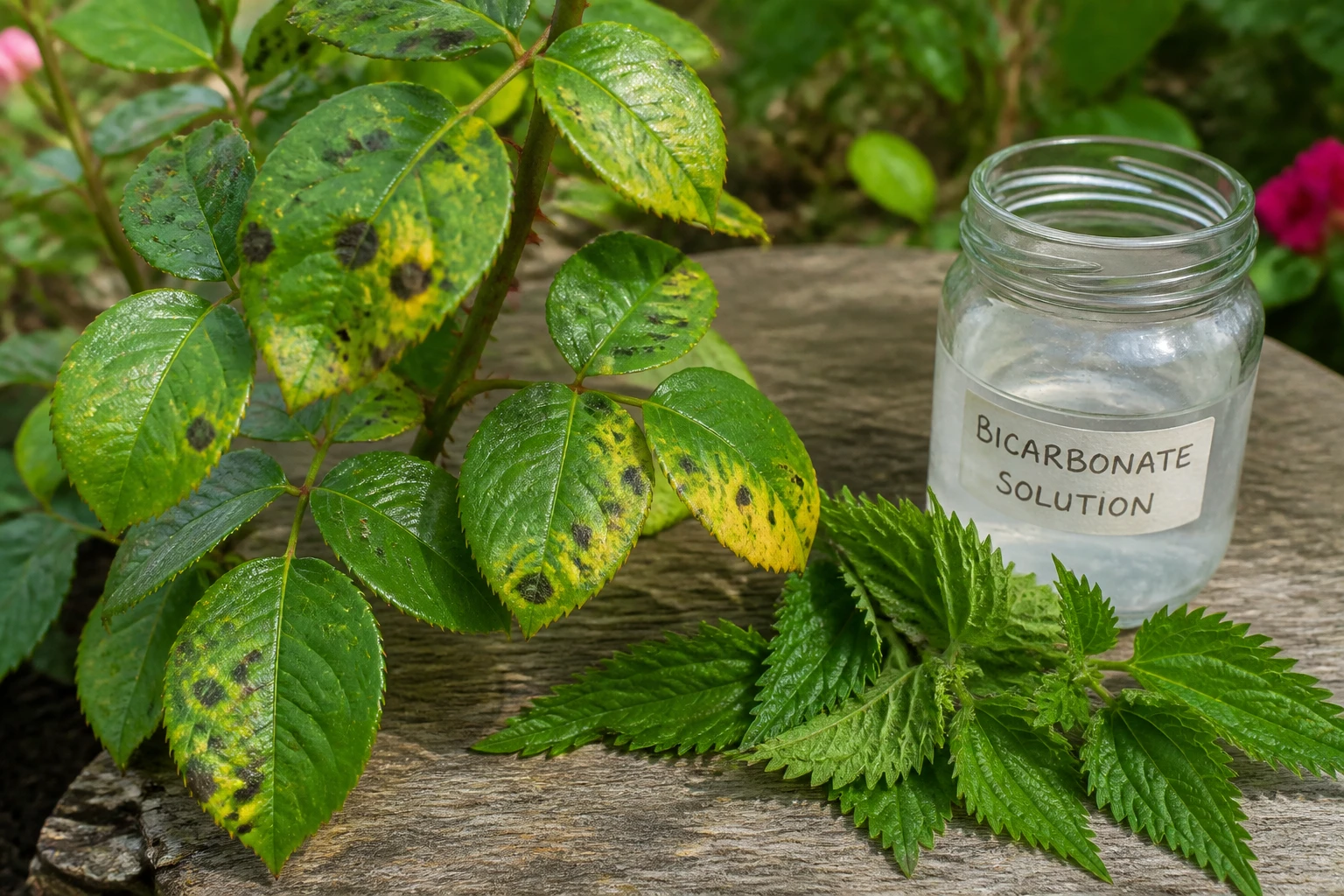 Feuilles de rosier malades avec taches noires à côté d'une solution naturelle de bicarbonate en bocal