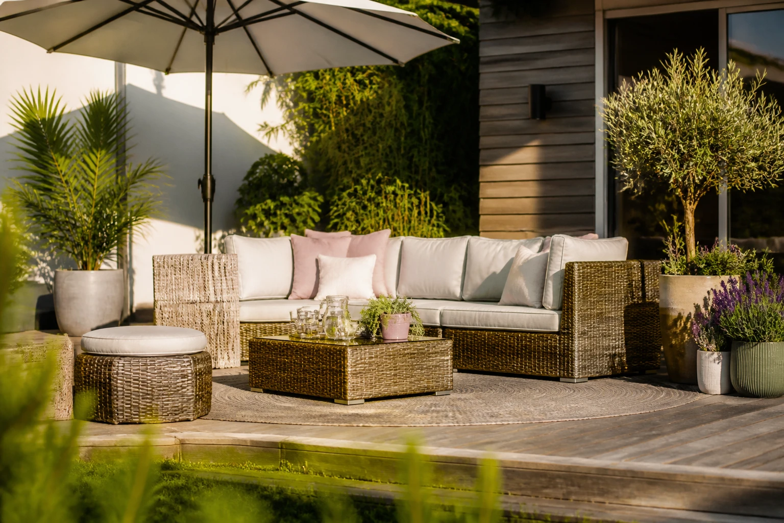 Salon de jardin en résine tressée sur une terrasse en bois baignée de soleil, style catalogue outdoor