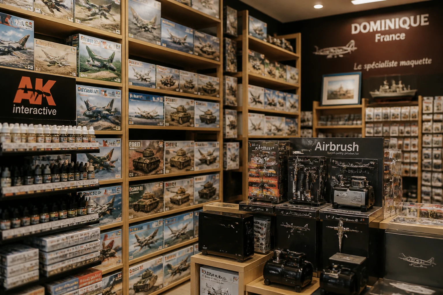 Intérieur d'une boutique de maquettisme spécialisée avec kits militaires, peintures AK Interactive et aérographes sur des étagères