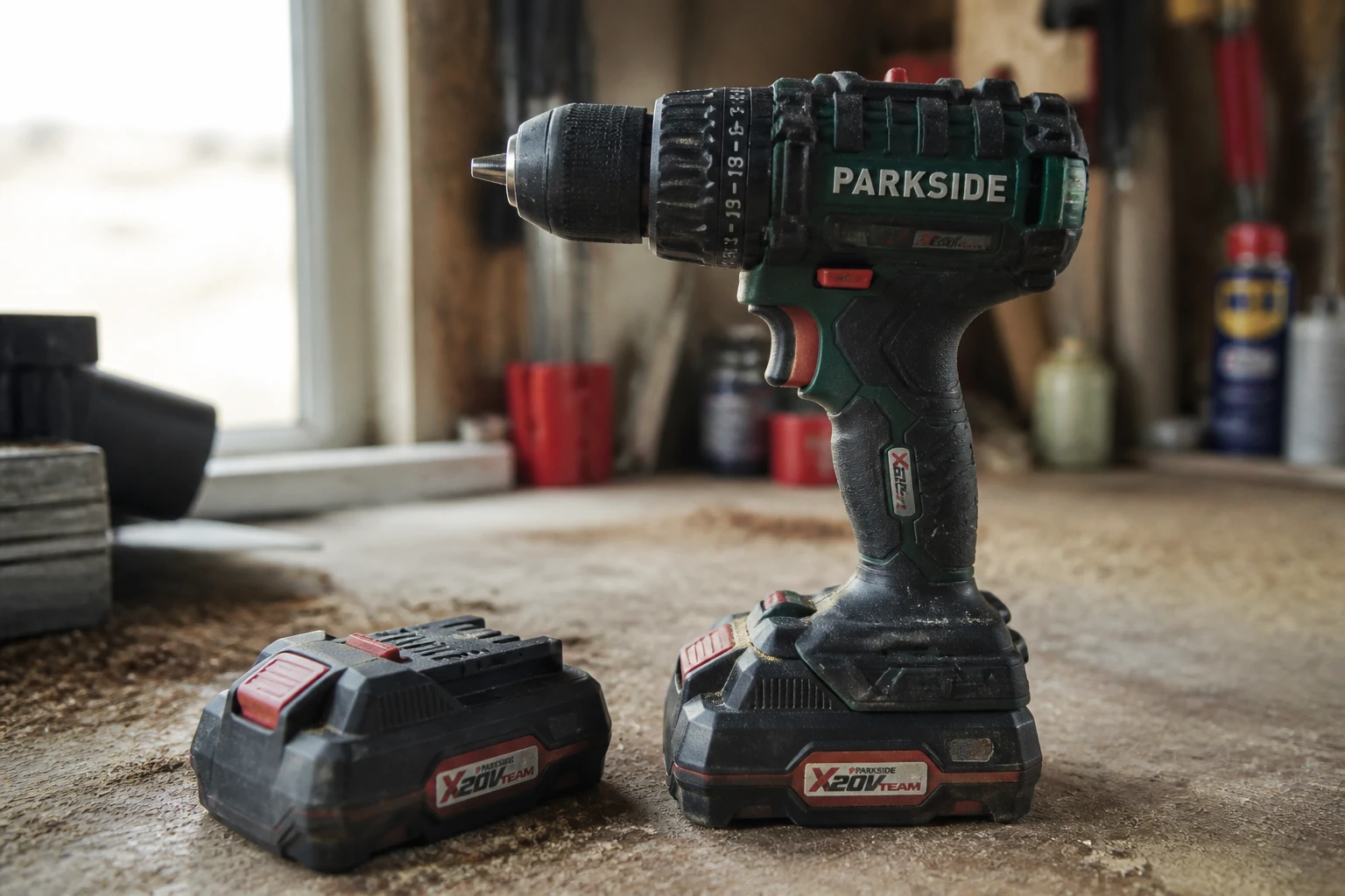 Perceuse-visseuse Parkside sans fil posée sur un établi de bricoleur avec batterie X20V