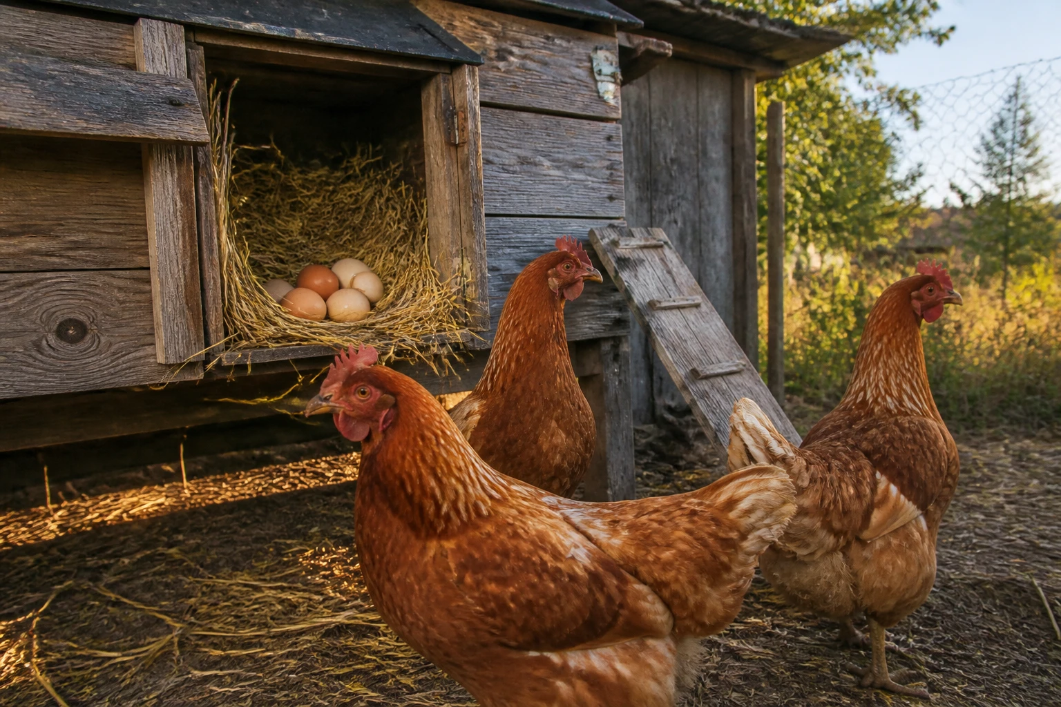Poules pondeuses dans un poulailler rustique avec nid en paille et œufs frais, lumière naturelle