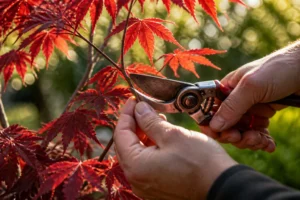 Taille d'un érable japonais Acer palmatum avec un sécateur, feuilles rouges découpées en lumière dorée