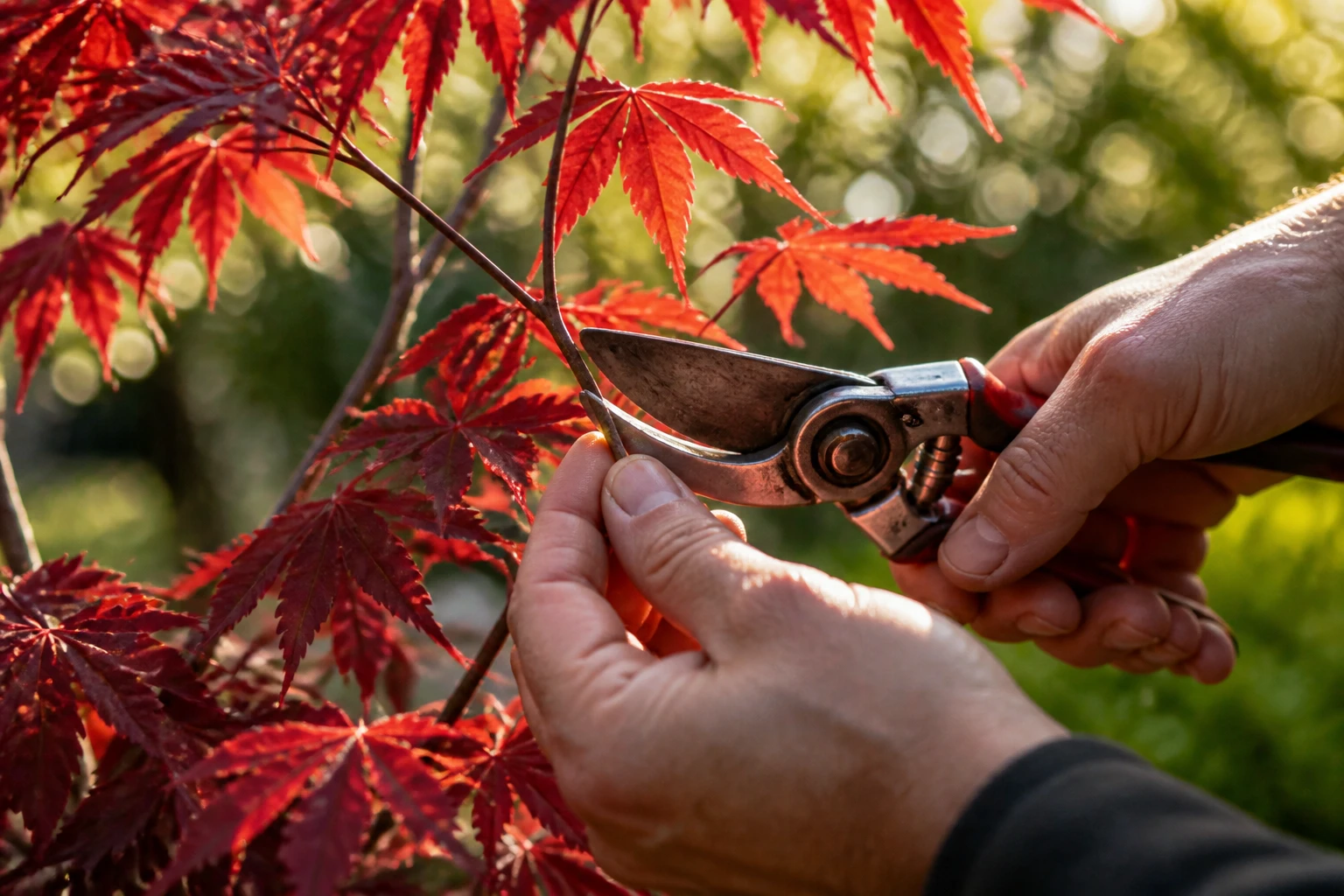 Taille d'un érable japonais Acer palmatum avec un sécateur, feuilles rouges découpées en lumière dorée
