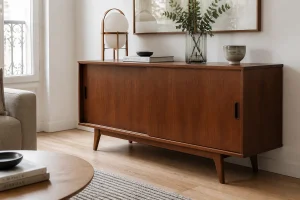 Buffet Mado vintage en bois massif avec pieds compas dans un salon lumineux