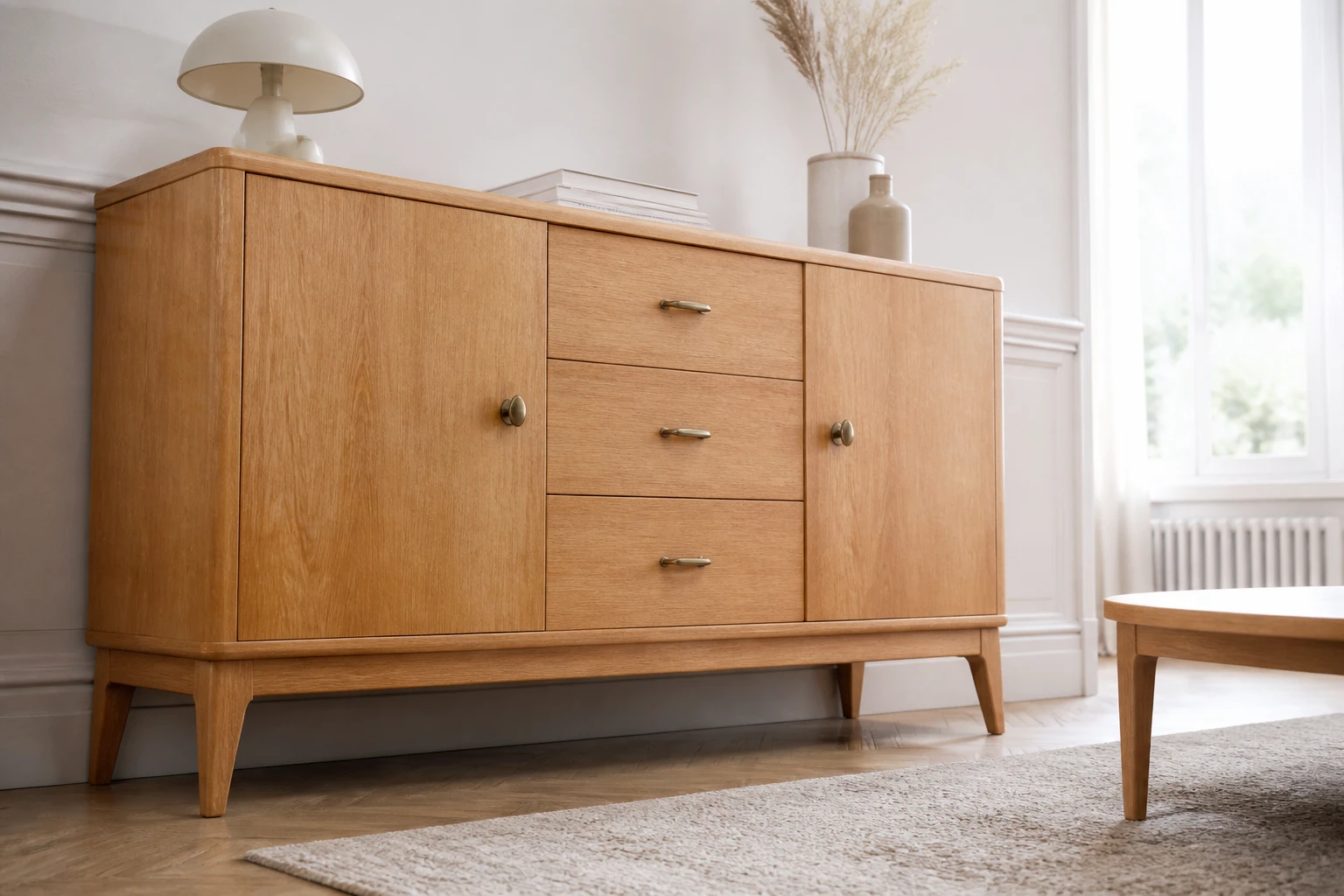 Buffet Mado vintage en bois clair avec deux portes et trois tiroirs dans un salon lumineux