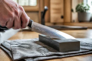 Main aiguisant un couteau de chef sur une pierre à aiguiser avec un angle précis