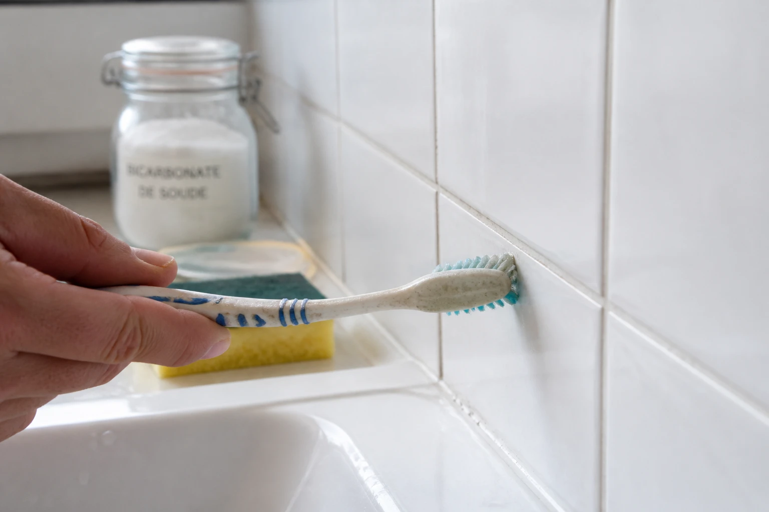 Nettoyage d'un joint de carrelage encrassé avec une brosse à dents et du bicarbonate de soude