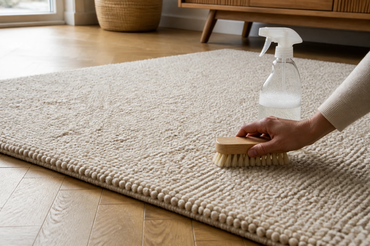 Nettoyage d'un tapis en laine avec une brosse douce et un spray d'eau savonneuse sur parquet clair