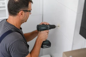 Bricoleur perçant un carrelage mural avec une perceuse et une mèche diamantée en salle de bain