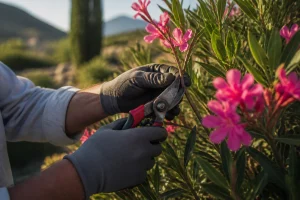 Jardinier taillant un laurier-rose fleuri avec un sécateur en portant des gants de protection