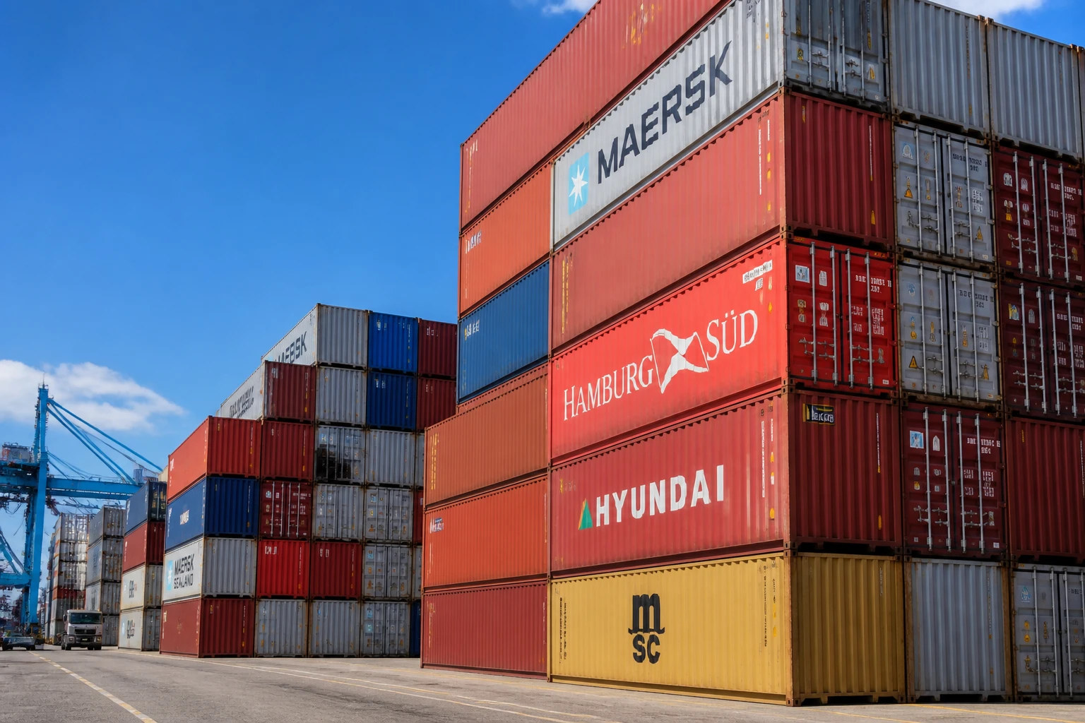 Conteneurs maritimes empilés dans un terminal portuaire, vue grand angle sous ciel bleu