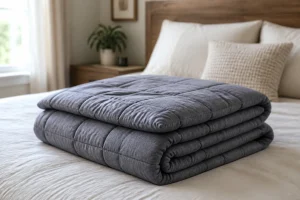 Couverture lestée grise pliée sur un lit avec coutures matelassées visibles
