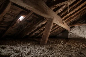 Combles de maison avec charpente en bois, zone typique de passage de fouine sous toiture