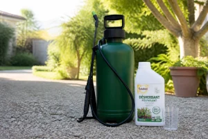 Pulvérisateur de jardin et flacon de désherbant avec gobelet doseur sur une allée gravillonnée