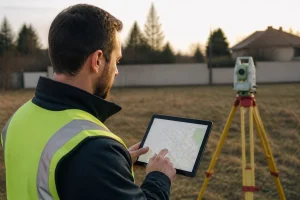 Géomètre-expert consultant un plan de bornage sur tablette devant un terrain à vérifier