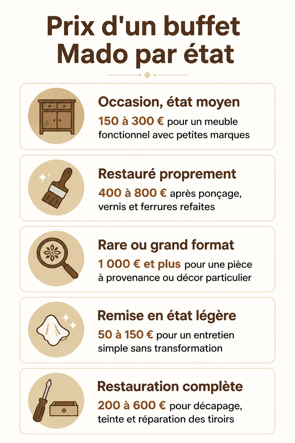 Prix d'un buffet Mado par état : Occasion, état moyen, Restauré proprement, Rare ou grand format, Remise en état légère, Restauration complète