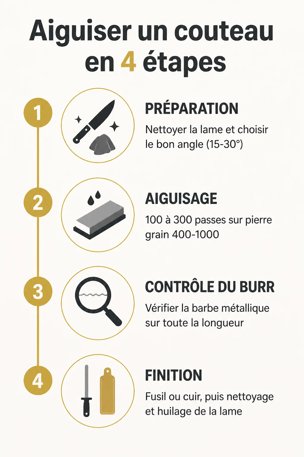 Aiguiser un couteau en 4 étapes : 1. Préparation, 2. Aiguisage, 3. Contrôle du burr, 4. Finition