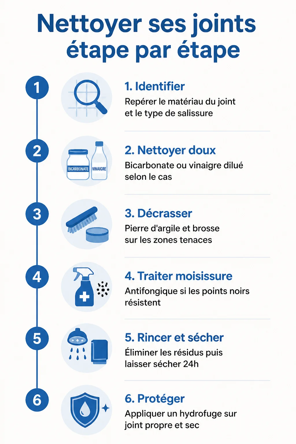 Nettoyer ses joints étape par étape : 1. Identifier, 2. Nettoyer doux, 3. Décrasser, 4. Traiter moisissure, 5. Rincer et sécher, 6. Protéger