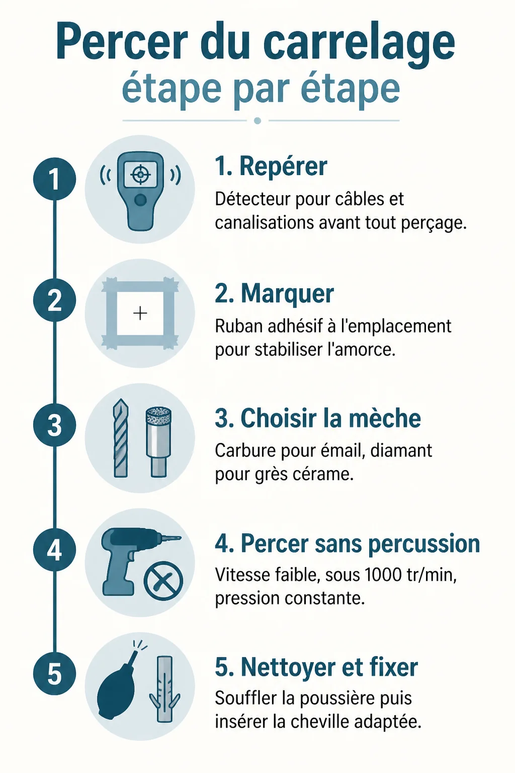 Percer du carrelage étape par étape : 1. Repérer, 2. Marquer, 3. Choisir la mèche, 4. Percer sans percussion, 5. Nettoyer et fixer