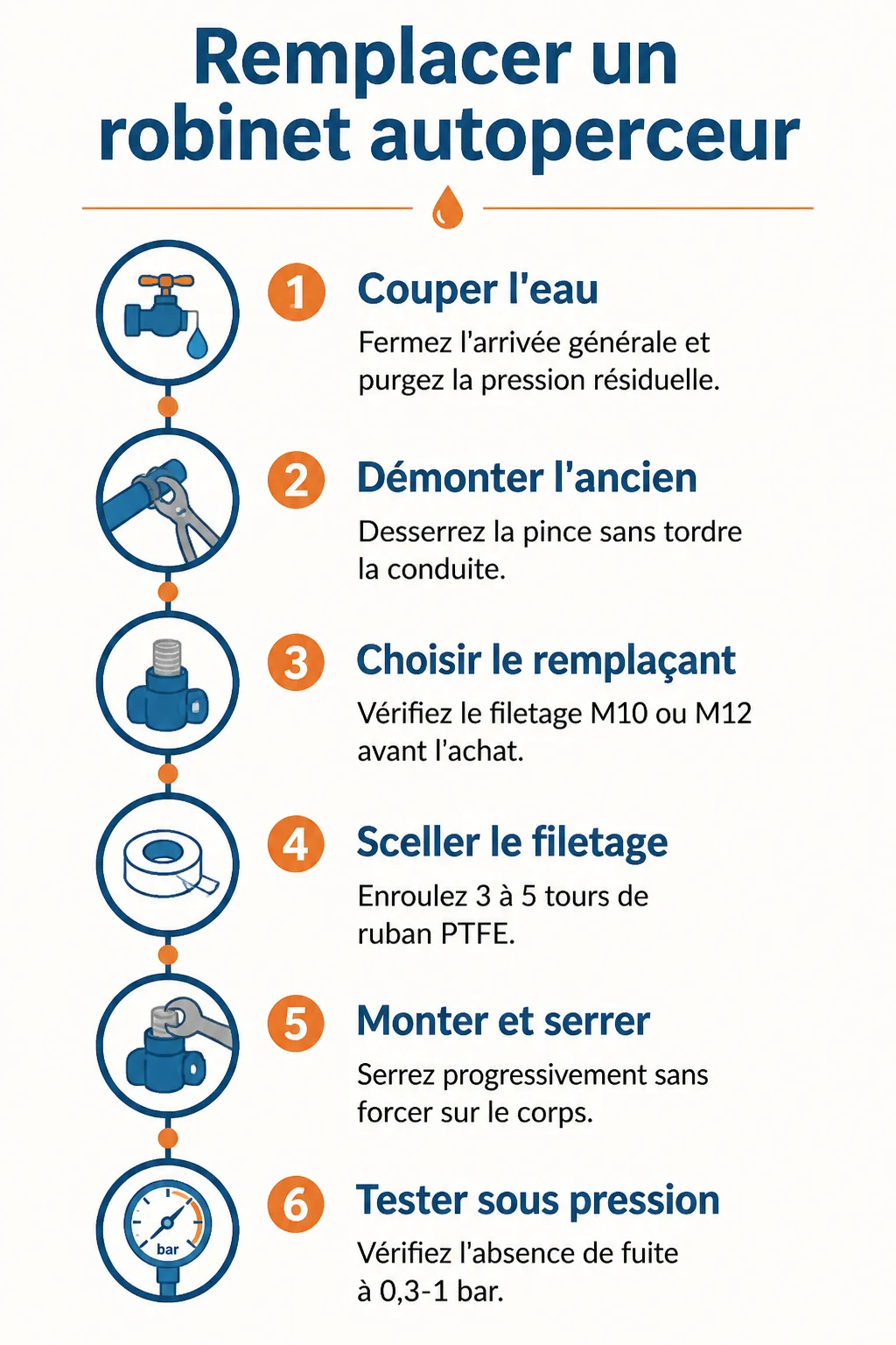 Remplacer un robinet autoperceur : 1. Couper l'eau, 2. Démonter l'ancien, 3. Choisir le remplaçant, 4. Sceller le filetage, 5. Monter et serrer, 6. Tester sous pression