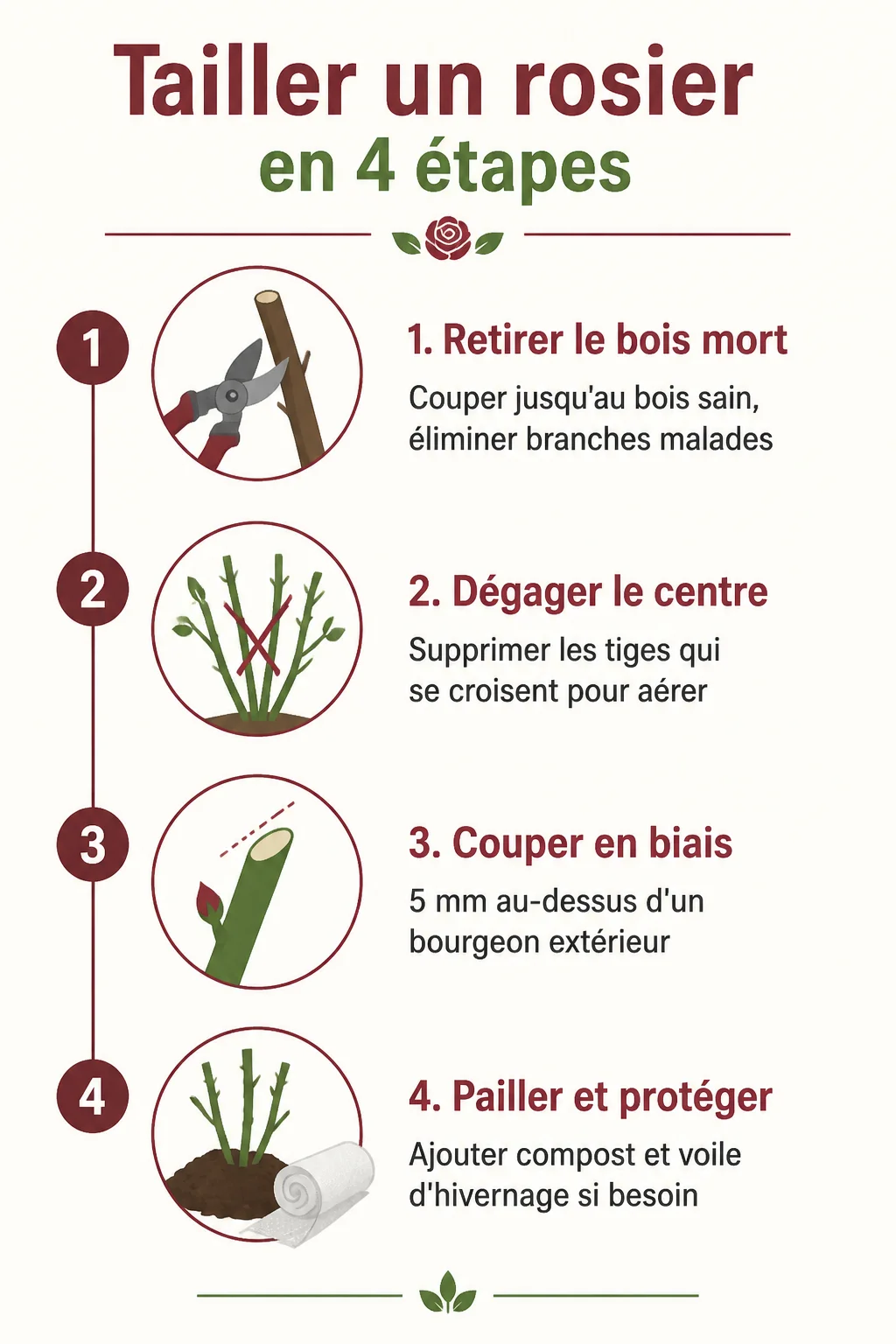 Tailler un rosier en 4 étapes : 1. Retirer le bois mort, 2. Dégager le centre, 3. Couper en biais, 4. Pailler et protéger