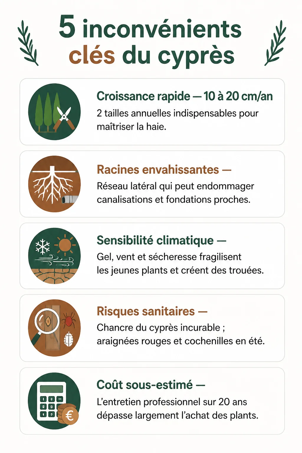 5 inconvénients clés du cyprès : Croissance rapide, Racines envahissantes, Sensibilité climatique, Risques sanitaires, Coût sous-estimé