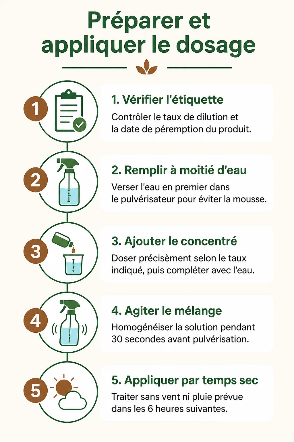 Préparer et appliquer le dosage : 1. Vérifier l'étiquette, 2. Remplir à moitié d'eau, 3. Ajouter le concentré, 4. Agiter le mélange, 5. Appliquer par temps sec
