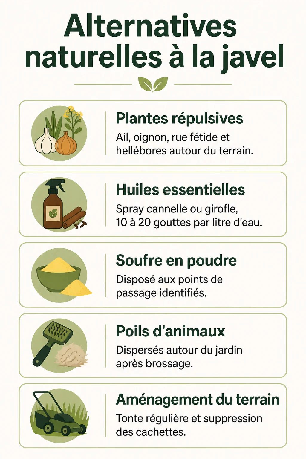 Alternatives naturelles à la javel : Plantes répulsives, Huiles essentielles, Soufre en poudre, Poils d'animaux, Aménagement du terrain