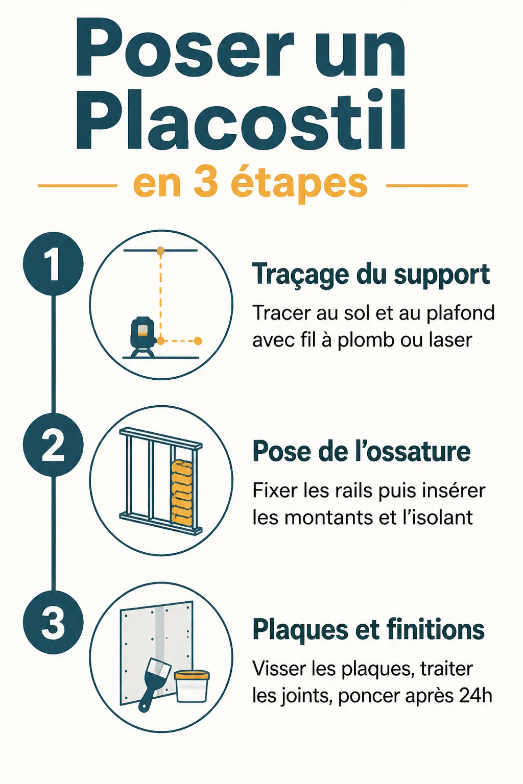 Poser un Placostil en 3 étapes : 1. Traçage du support, 2. Pose de l'ossature, 3. Plaques et finitions