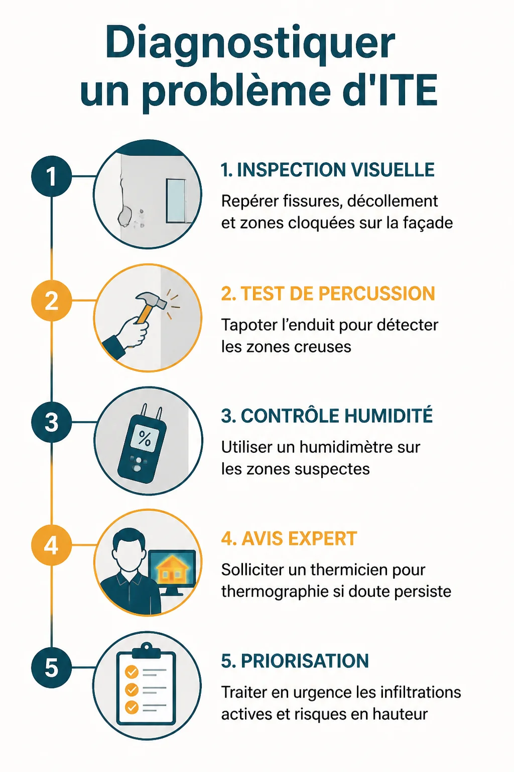 Diagnostiquer un problème d'ITE : 1. Inspection visuelle, 2. Test de percussion, 3. Contrôle humidité, 4. Avis expert, 5. Priorisation