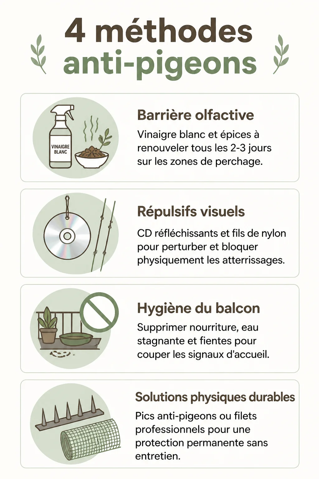4 méthodes anti-pigeons : Barrière olfactive, Répulsifs visuels, Hygiène du balcon, Solutions physiques durables