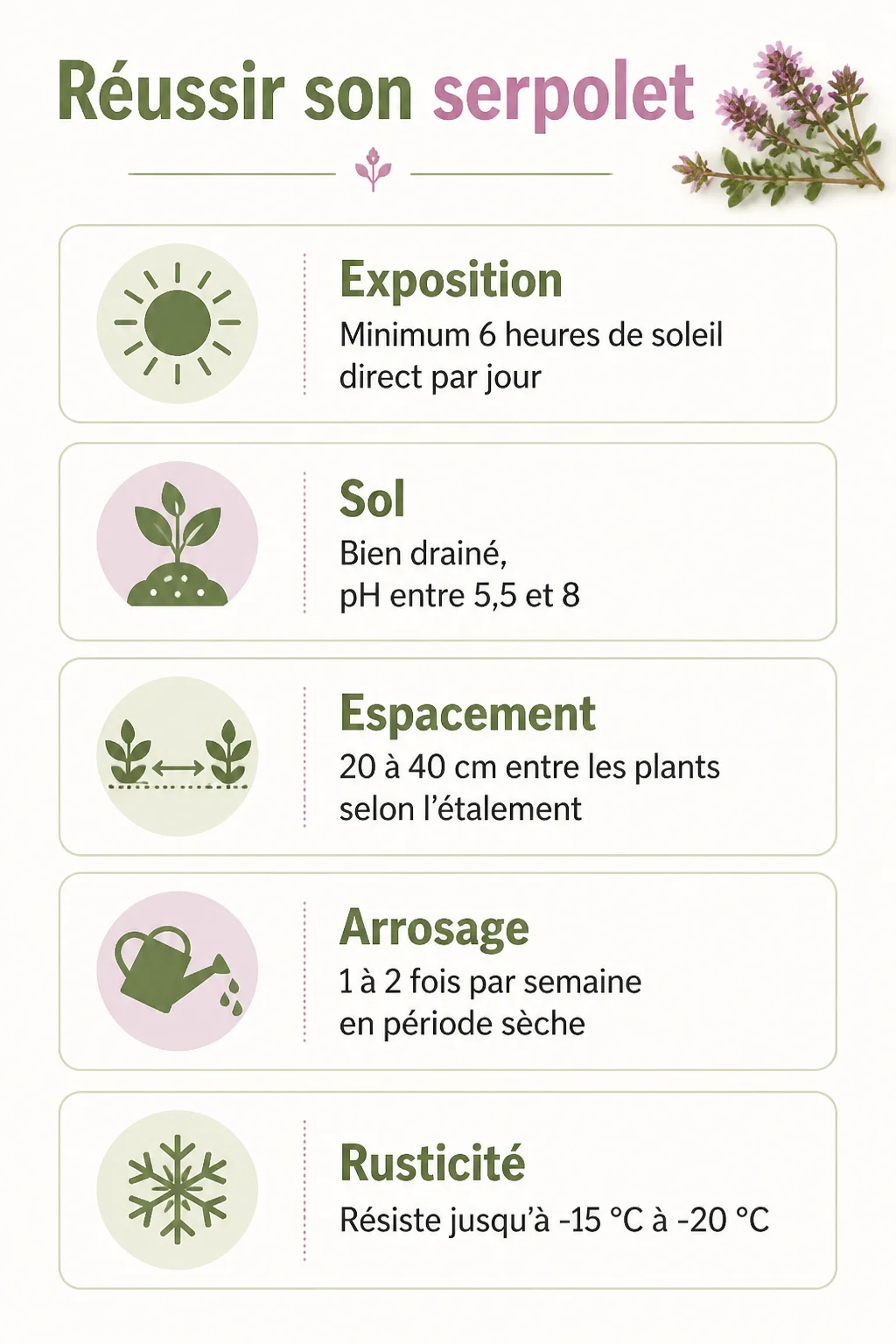 Réussir son serpolet : Exposition, Sol, Espacement, Arrosage, Rusticité