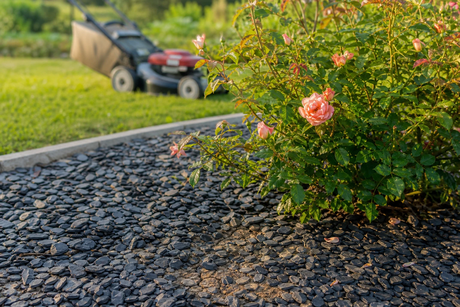 Massif de jardin paillé avec des éclats d'ardoise noire autour d'un arbuste en été