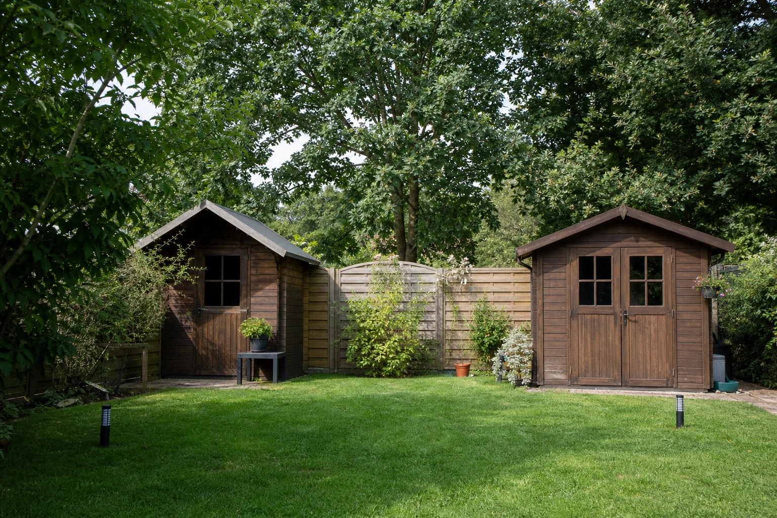 Deux abris de jardin en bois de 5 m² installés séparément dans un jardin résidentiel
