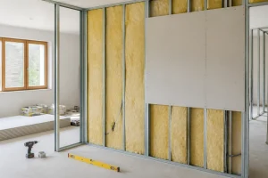Ossature métallique Placostil avec isolant et plaque de plâtre en cours de pose sur un chantier