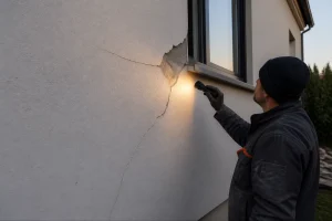 Fissure et décollement d'enduit sur une façade avec isolation thermique par l'extérieur