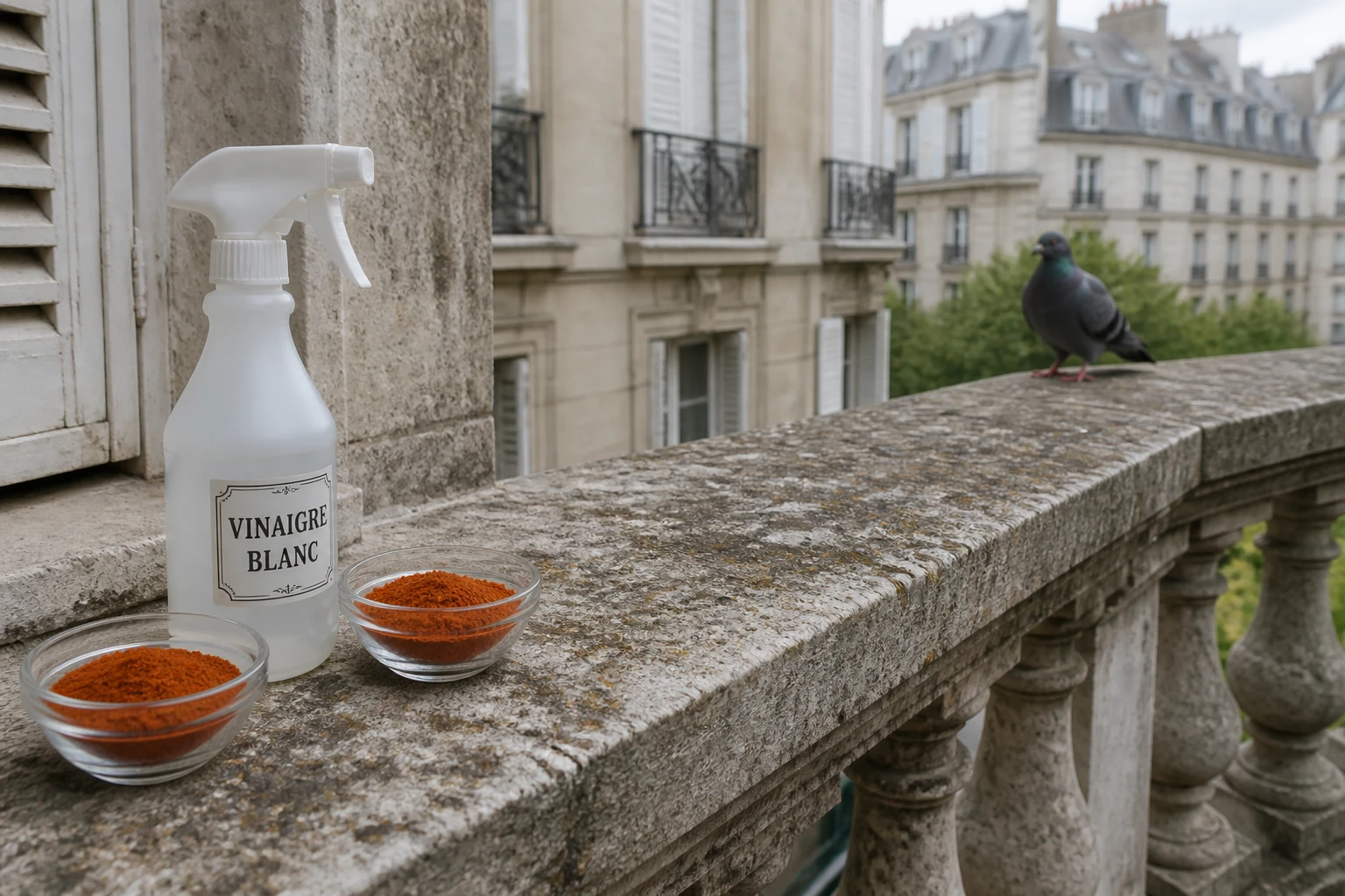 Spray de vinaigre blanc et épices sur une rambarde de balcon pour repousser les pigeons urbains