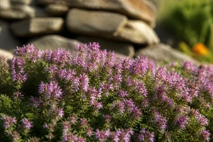 Tapis de serpolet fleuri aux fleurs mauves dans un jardin de pierres sèches