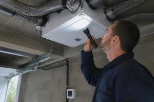 Technicien inspectant un caisson de VMC bruyant fixé au plafond