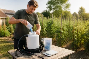 Jardinier dosant de la bouillie bordelaise dans un pulvérisateur avant traitement des tomates