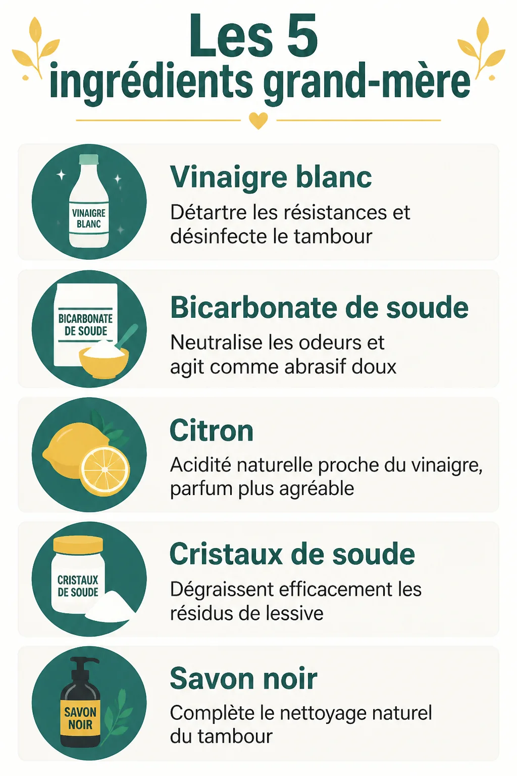 Les 5 ingrédients grand-mère : Vinaigre blanc, Bicarbonate de soude, Citron, Cristaux de soude, Savon noir